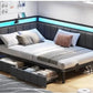 ELENA Modern Twin Size Corner Bed Frame with LED Lights, Charging Station, and Storage Drawers