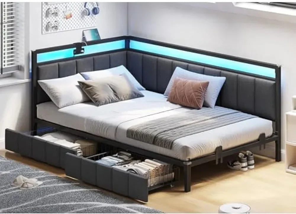 ELENA Modern Twin Size Corner Bed Frame with LED Lights, Charging Station, and Storage Drawers