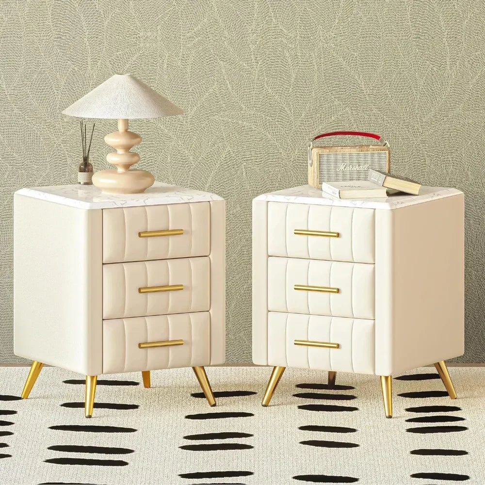 NYLAH Elegant Velvet Upholstered Nightstand with Marbled Top – 16.3" Wide, 3-Drawer End Table