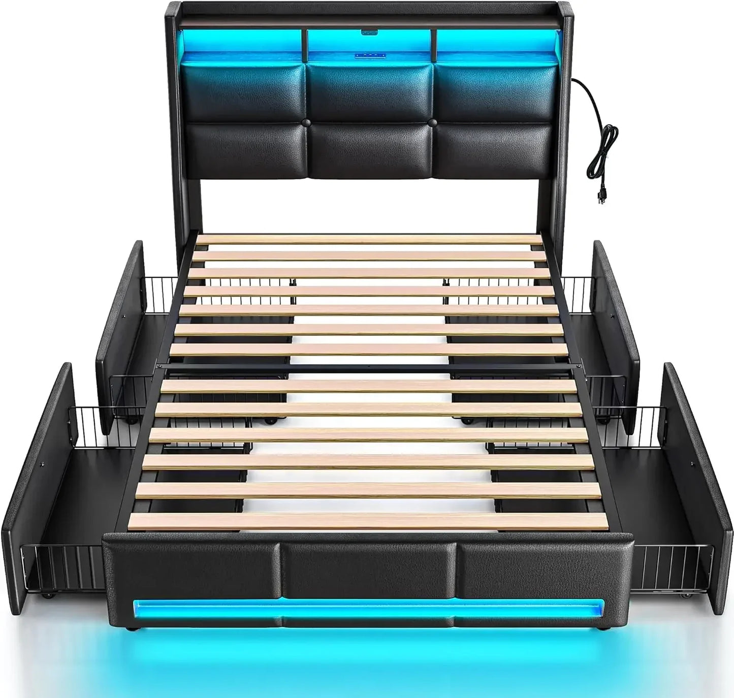 Halo Modern LED Upholstered Bed Frame with Storage Drawers and Headboard 78.7'' Wide