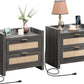 LAUREN Farmhouse Oak Rattan Nightstand Set – 23.6" Wide 2-Drawer Bedside Table with Type-C Charging Station