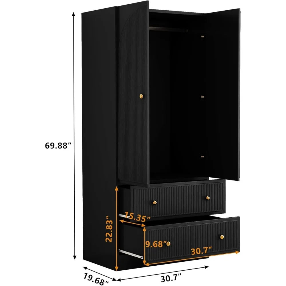 XIOMARA Modern Arched Groove Wardrobe Armoire – Freestanding 2-Door Closet with Drawers & Hanging Rod