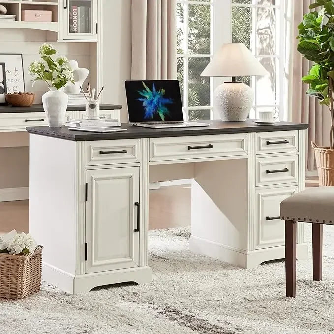 MARY Farmhouse Executive Desk with Drawers & Cabinet – 58" W