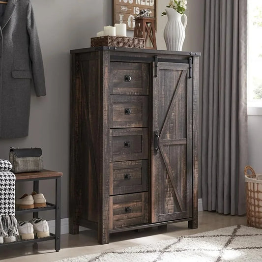 FERNANDA RusticBarn Farmhouse Dresser Cabinet – 5-Drawer Storage Chest with Sliding Door