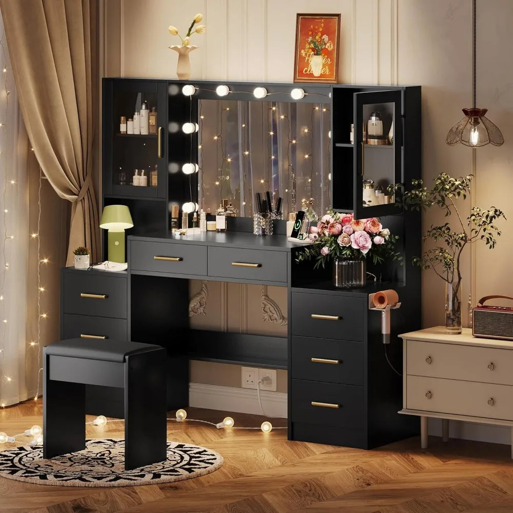 ADALINE Modern Vanity Desk with Mirror & Lights - 58.3'' Makeup Table with Drawers & Power Outlet