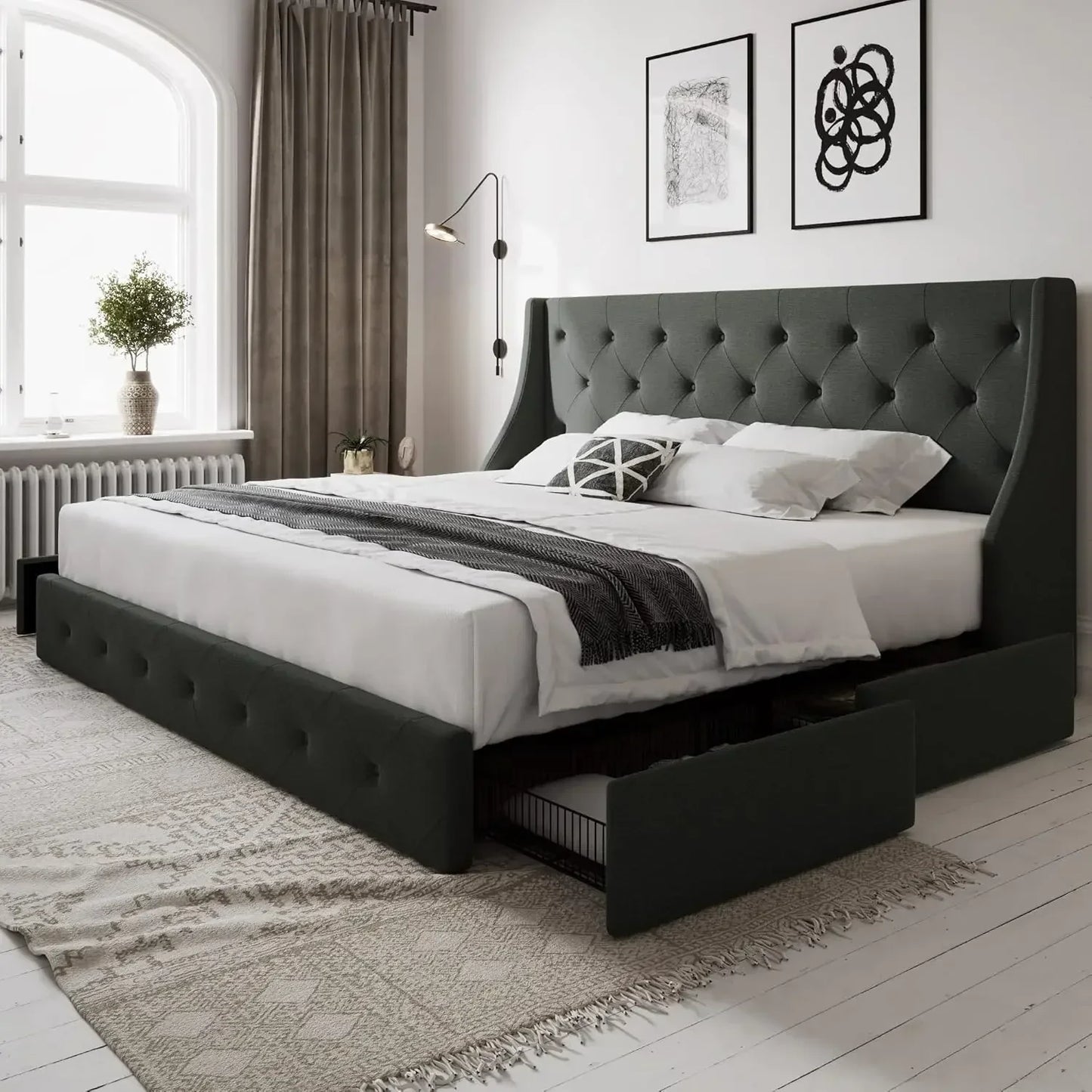 JOSEPHINE Elegant Wingback Upholstered Queen Bed Frame with Storage Drawers - 60"