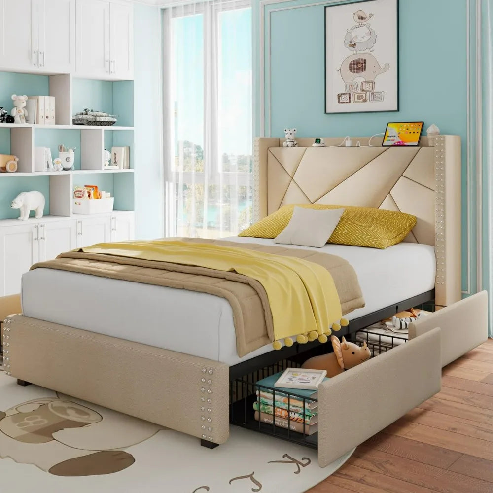 ISABELLA Arelia Modern Upholstered Platform Bed Frame 39.3'' Wide with 4 Storage Drawers and Charging Station