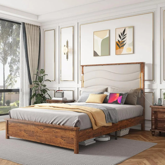 ELIZABETH Wooden Platform Bed Frame with Tall Headboard and Charging Station