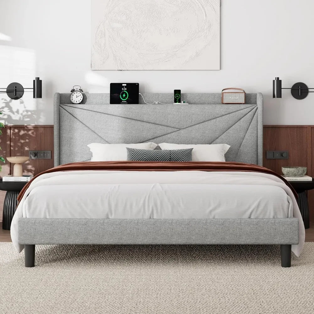 GRACE Modern Upholstered King Size Bed Frame with Charging Station & Storage Headboard – 76" Wide