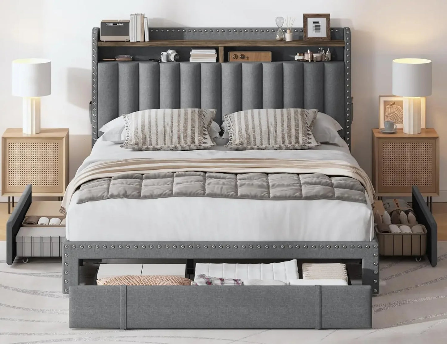 Scottie Vintage Style Queen Bed Frame with Upholstered Headboard and 62" Width Storage Drawers