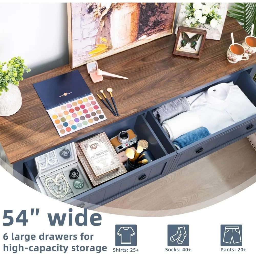 KAMILA Vintage Farmhouse 6-Drawer Wood Dresser - 54'' Wide