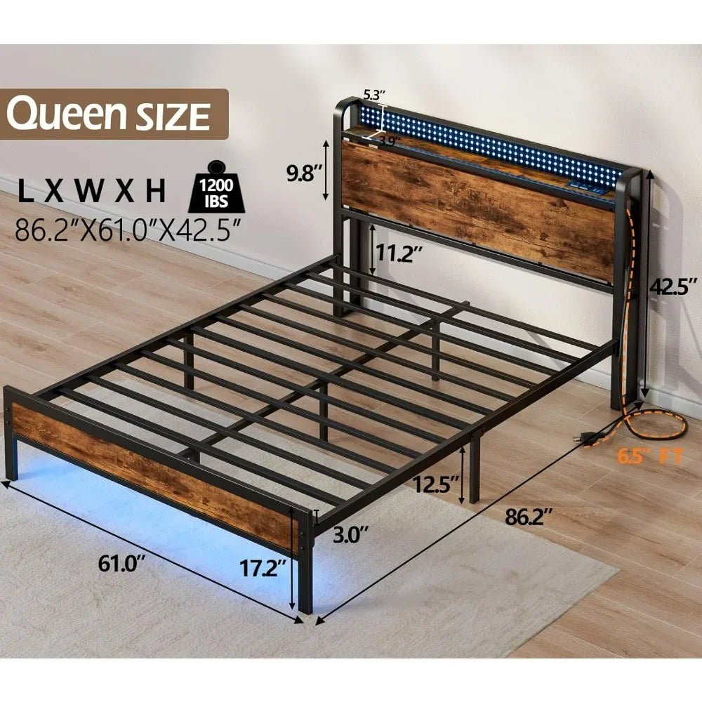 HAZEL Rustic Industrial Queen Bed Frame with LED Lights & Storage Headboard - 60” Wide