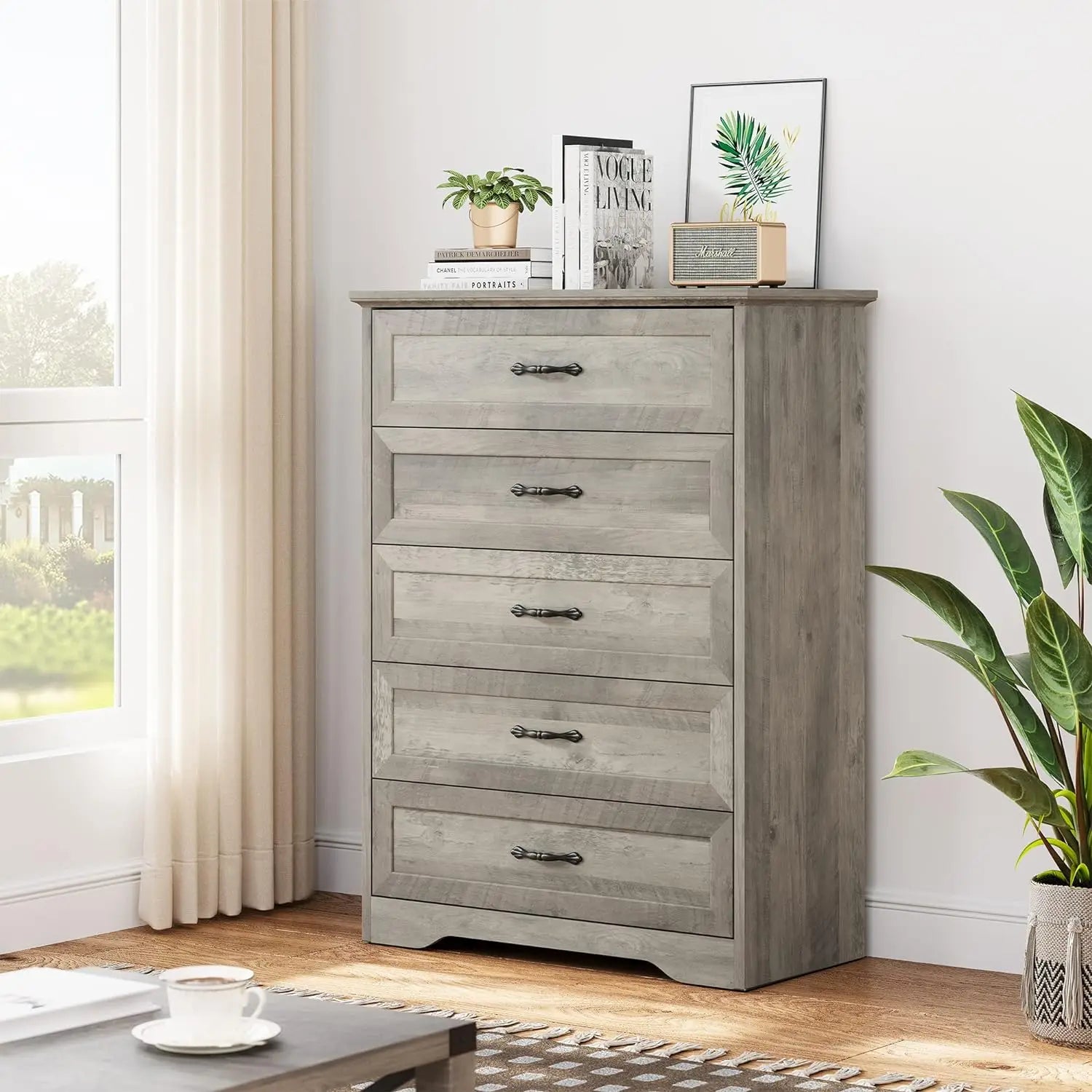 KATHERINE Rustic Grey 5-Drawer Chest - Wooden Bedroom Dresser 31.5''