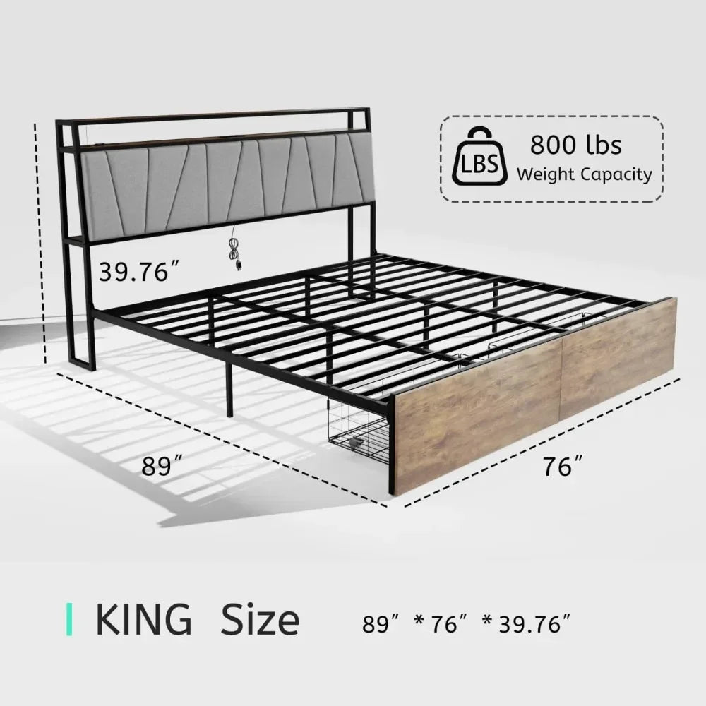 RILEY Modern King Size LED Bed Frame with Storage & USB Charging - 76'' Wide