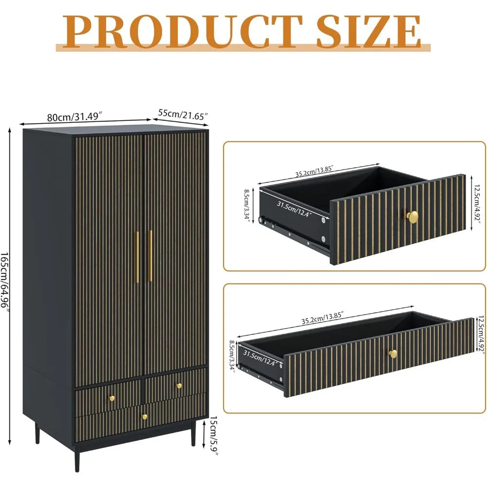 FIONA Modern Groove Panel Wardrobe Armoire – Wooden Clothing Organizer with Drawers, Shelves & Hanging Rod