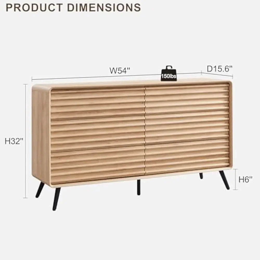 MILANI Mid-Century Modern 6-Drawer Fluted Wood Dresser – Wide Storage Chest | 54'' W