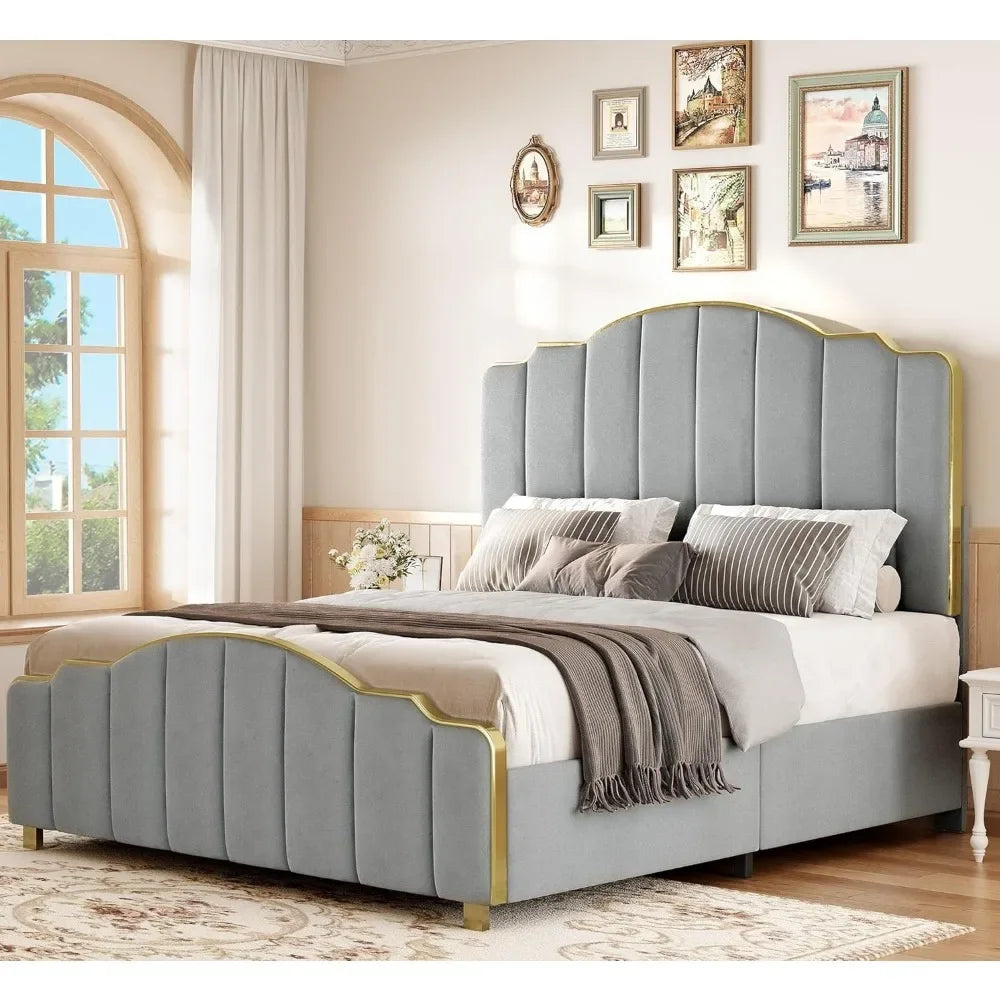 GEORGIA Harp-Style Velvet Queen Bed Frame with Gold Trim – 60” Wide Platform Bed