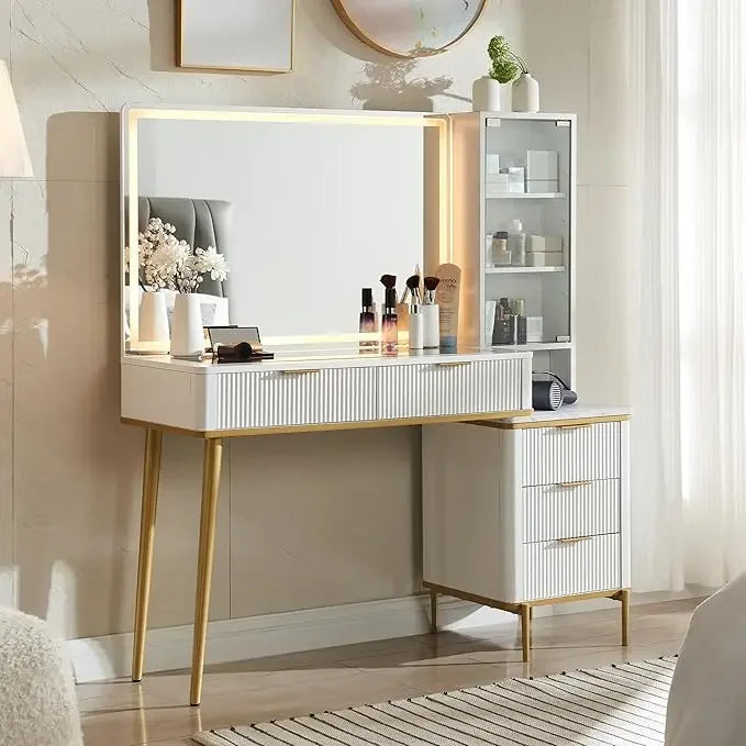 HALLIE Modern Fluted Makeup Vanity Desk - 48" with LED Mirror & Storage Drawers