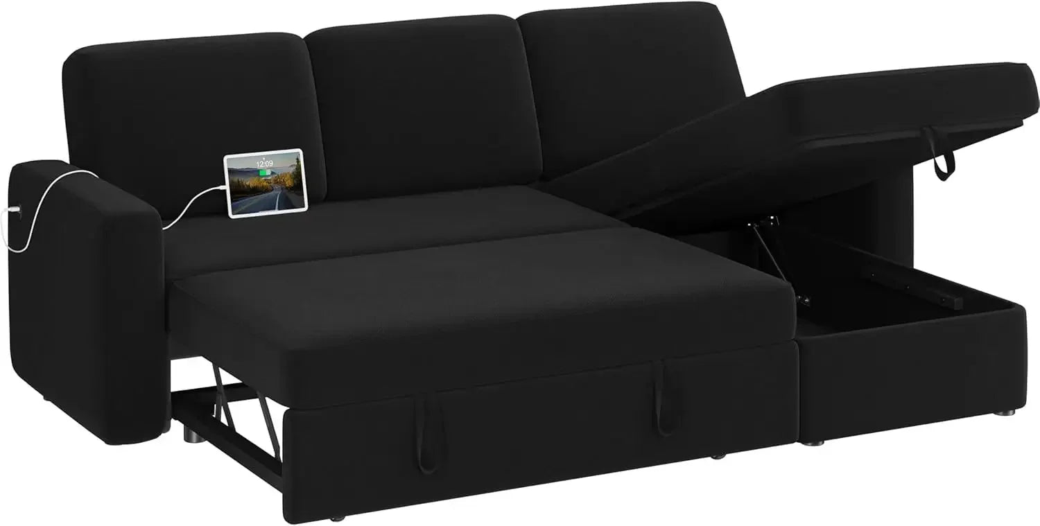 SEBASTIAN Modern Sectional Sofa with Chaise, USB, Pull-Out Bed & Storage - 80.5"