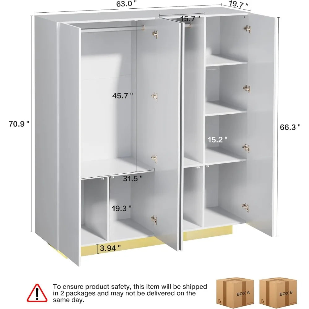 ROSALIE Modern High Gloss 4-Door Armoire Wardrobe Closet - 63" Wide Storage Cabinet