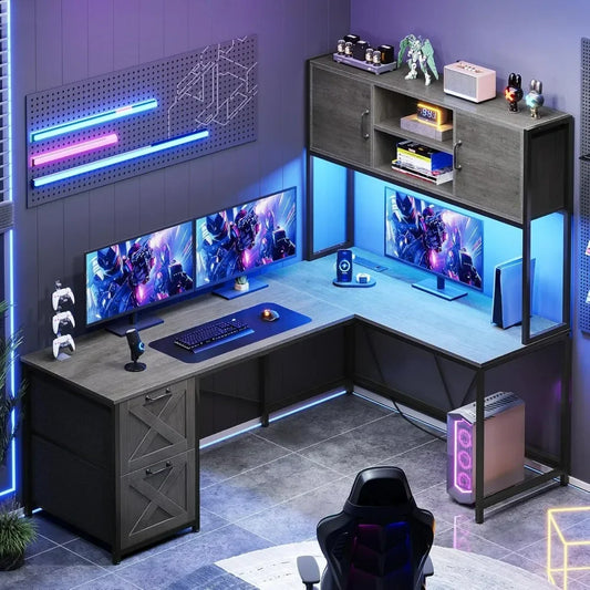 SOPHIA L-Shaped Gaming Desk with LED Lights, Storage Drawers & Power Outlet - 62.2"W