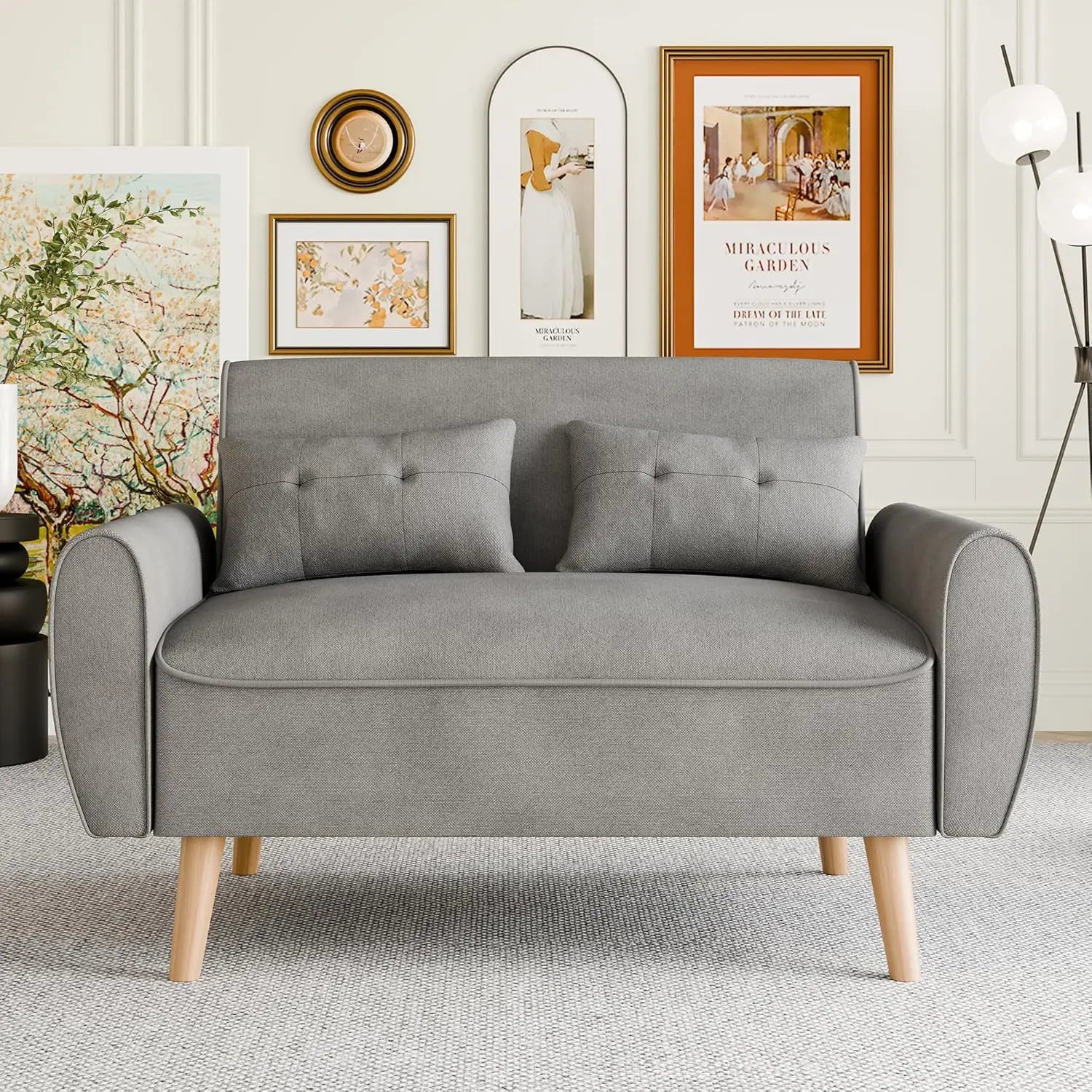 Alexander Small Modern Loveseat Sofa, Mid-Century Linen Fabric 2-Seat Couch - 47.2"