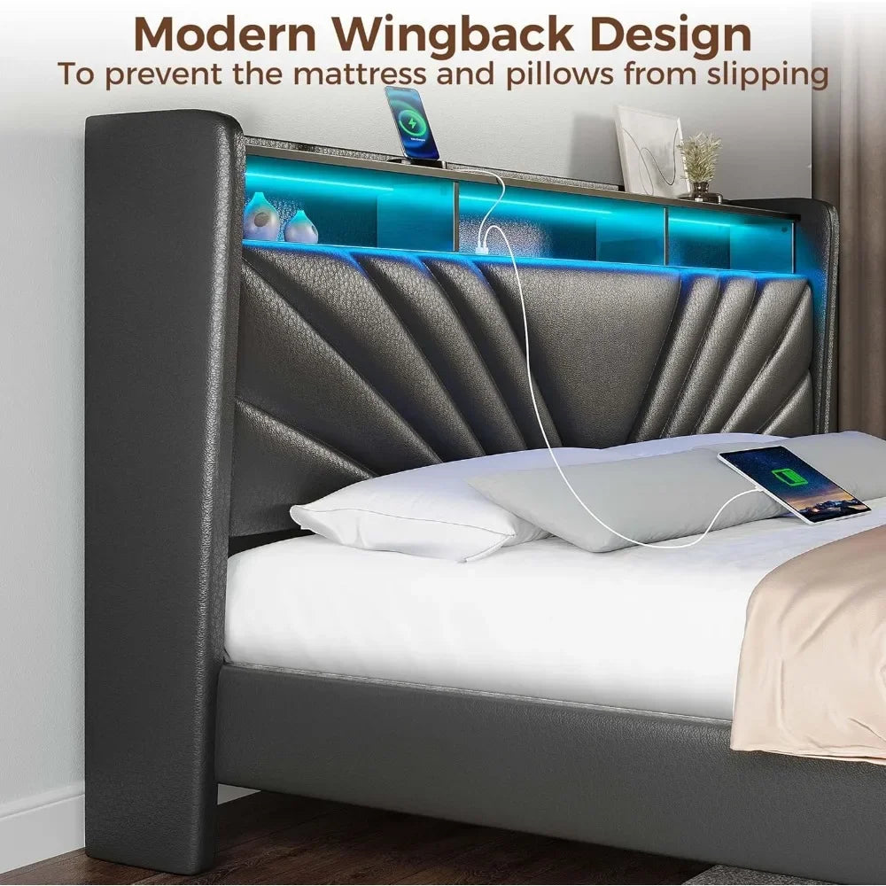 ADALYNN Modern King Size LED Upholstered Bed Frame with Storage Headboard & Charging Ports - 80''