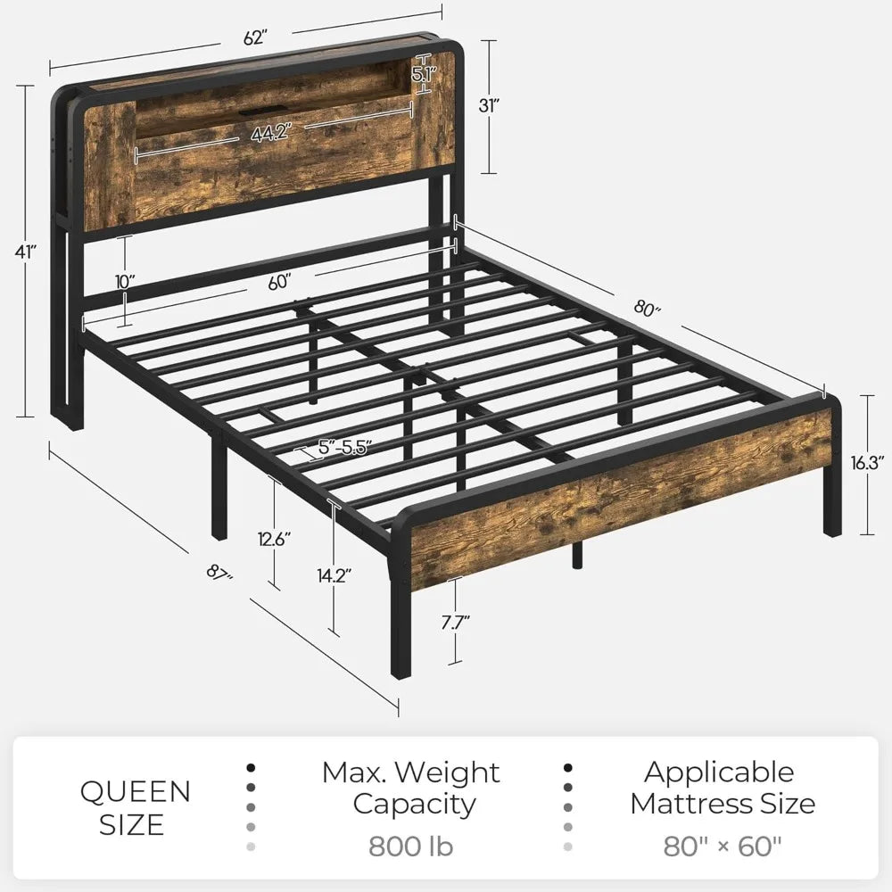 SIENNA Rustic Industrial Queen Bed Frame with Wooden Headboard, Footboard & LED Lights – 60''