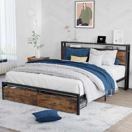 LUNA Vintage Industrial Full Size Platform Bed Frame 56'' Wide with Storage