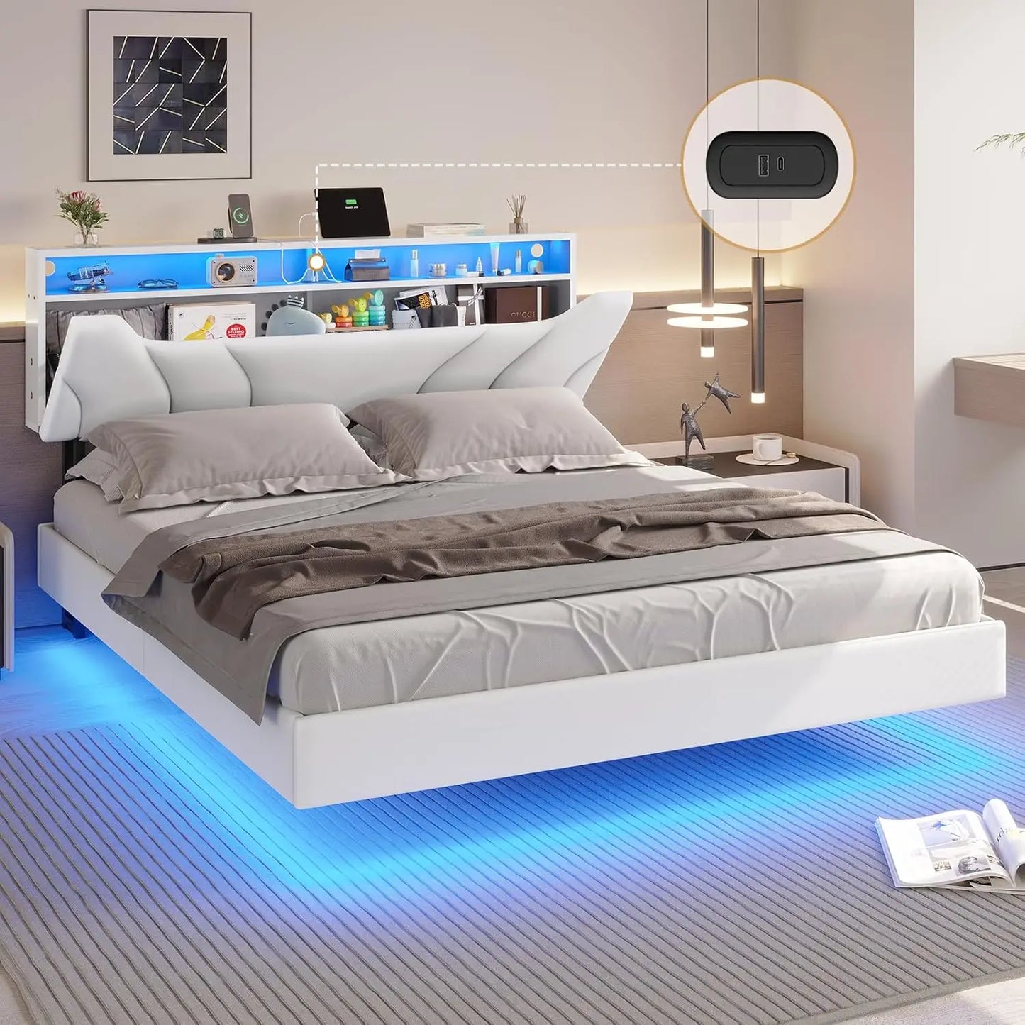 Emryn Modern Floating LED Bed Frame | Full Size 53.9" Wide Faux Leather Platform Bed