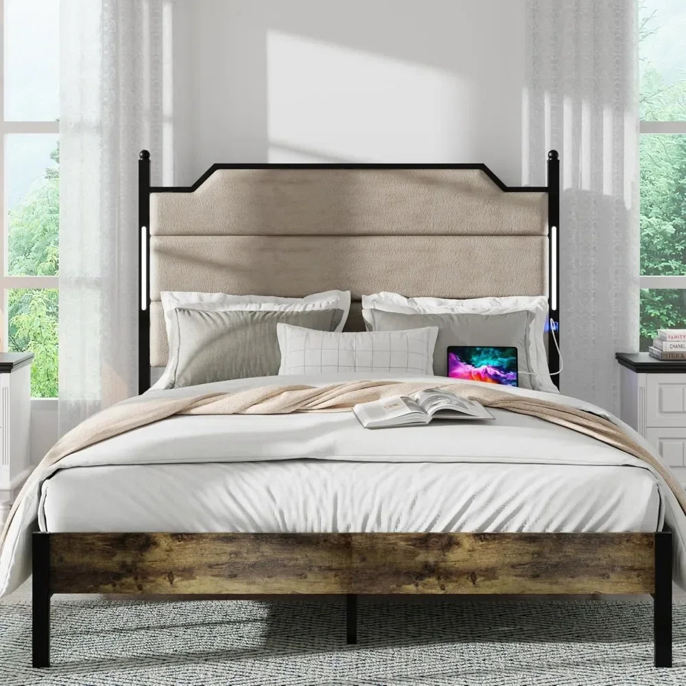 EMILIA Rustic Queen Size Metal & Upholstered Platform Bed Frame – LED Headboard, Underbed Storage