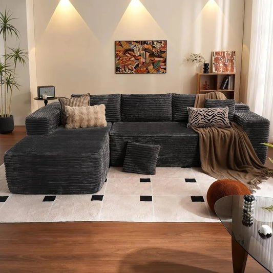 JAMESON Modern Plush Corduroy L-Shaped Cloud Sectional Sofa – Deep Seat Modular Couch | 105.7"W