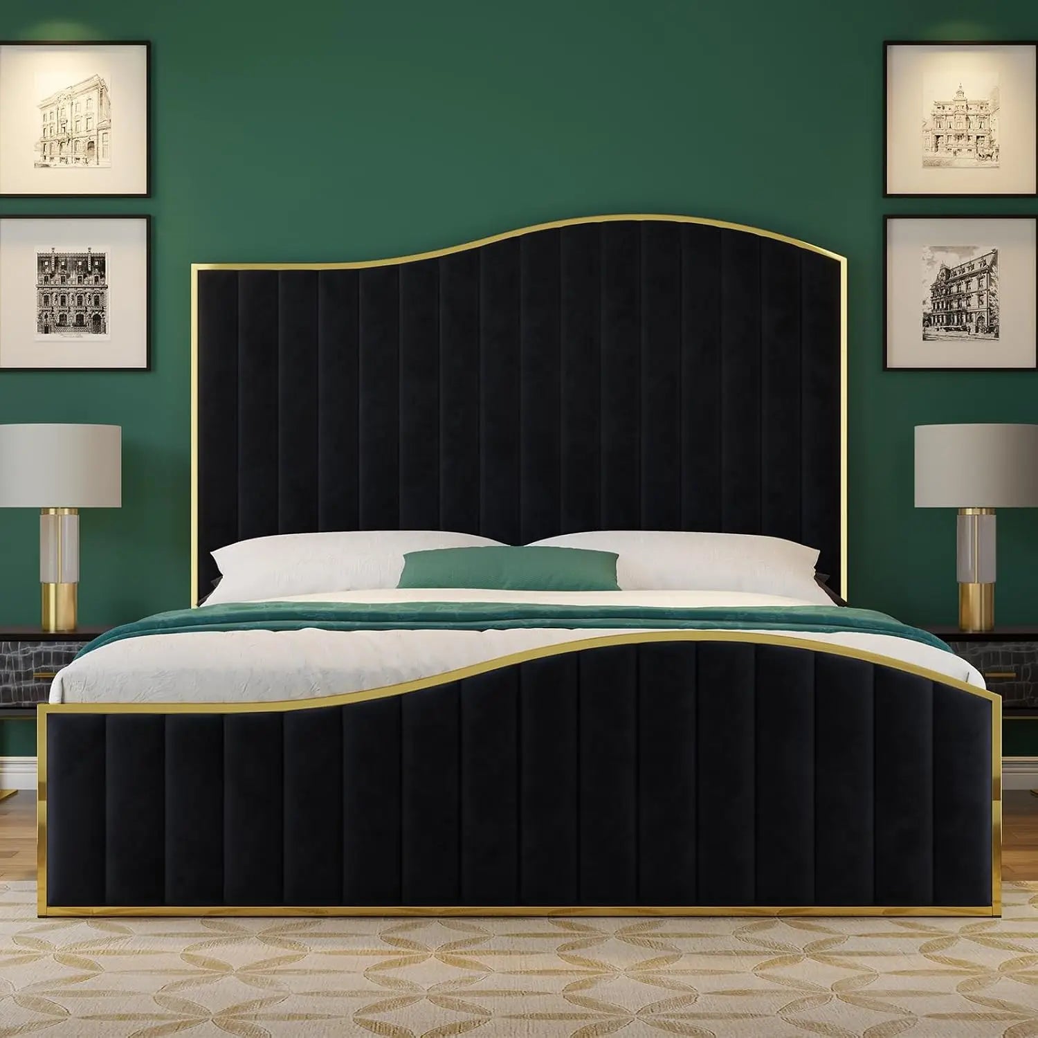 MELODY Modern Harp Velvet Platform Bed Frame – 61.4" Gold Trim Headboard & Footboard