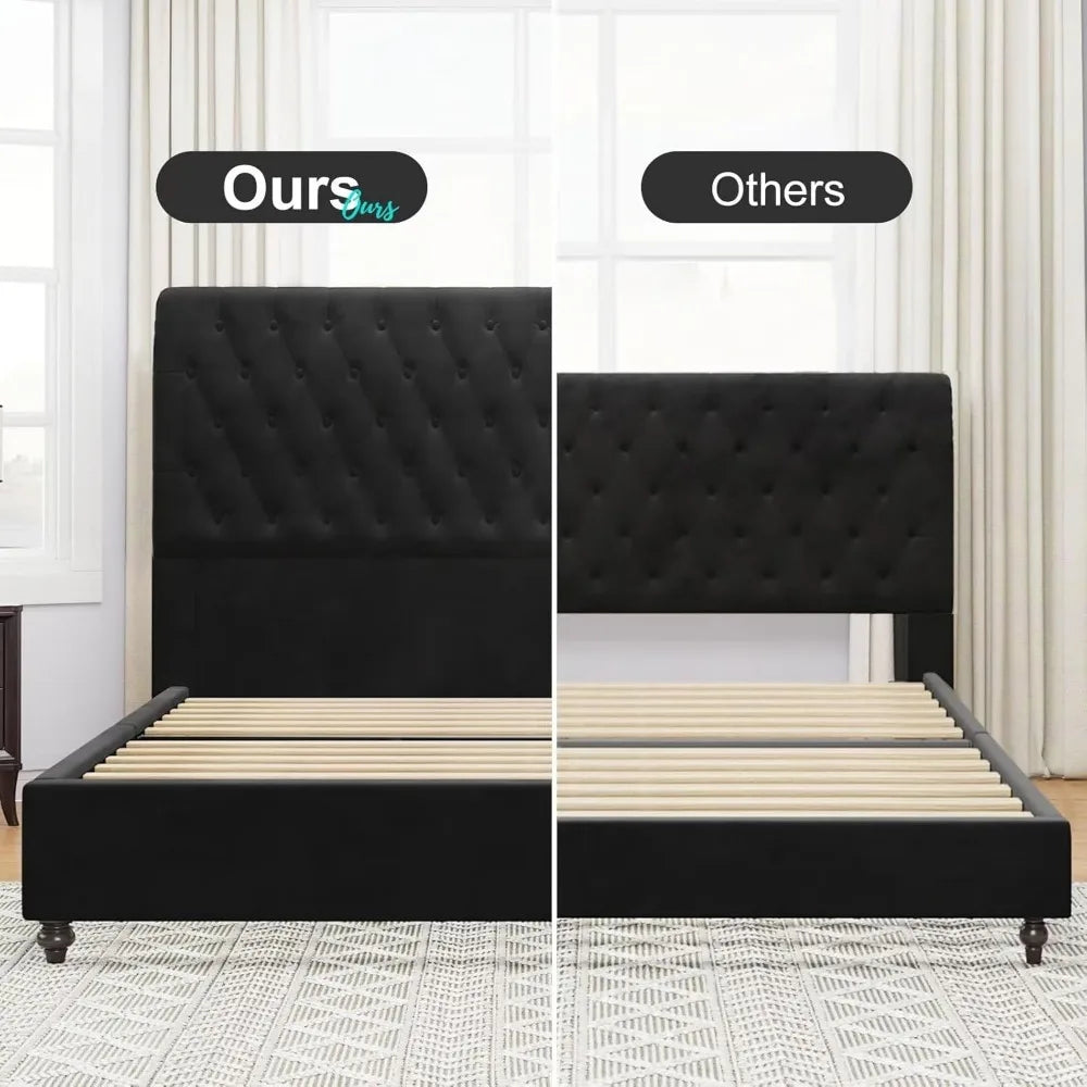 MADELINE Velvet Sleigh Platform Bed – Button Tufted Upholstered Headboard | 52.8" Tall