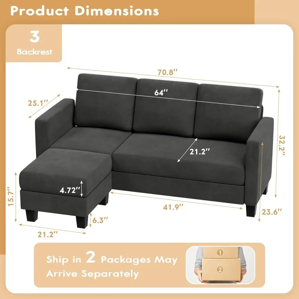 ANGELA Modern Linen Convertible L-Shaped Sectional Sofa – 3-Seater Couch with Movable Ottoman - 70.8"W