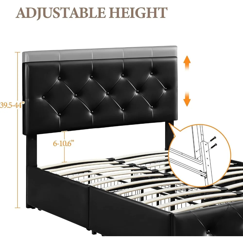 HARPER Modern Upholstered Platform Bed Frame with Storage Drawers, 59'' Wide, Faux Leather Design