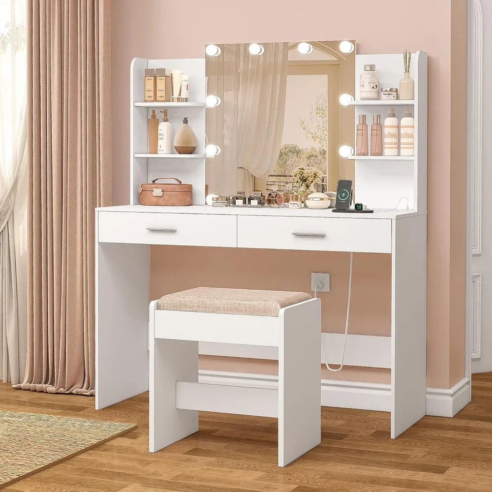 RUTH Modern Hollywood Vanity Desk with LED Mirror & Storage - 42.5''