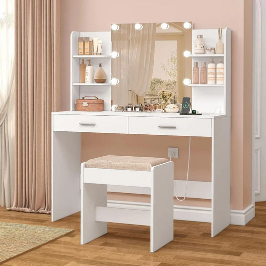 RUTH Modern Hollywood Vanity Desk with LED Mirror & Storage - 42.5''