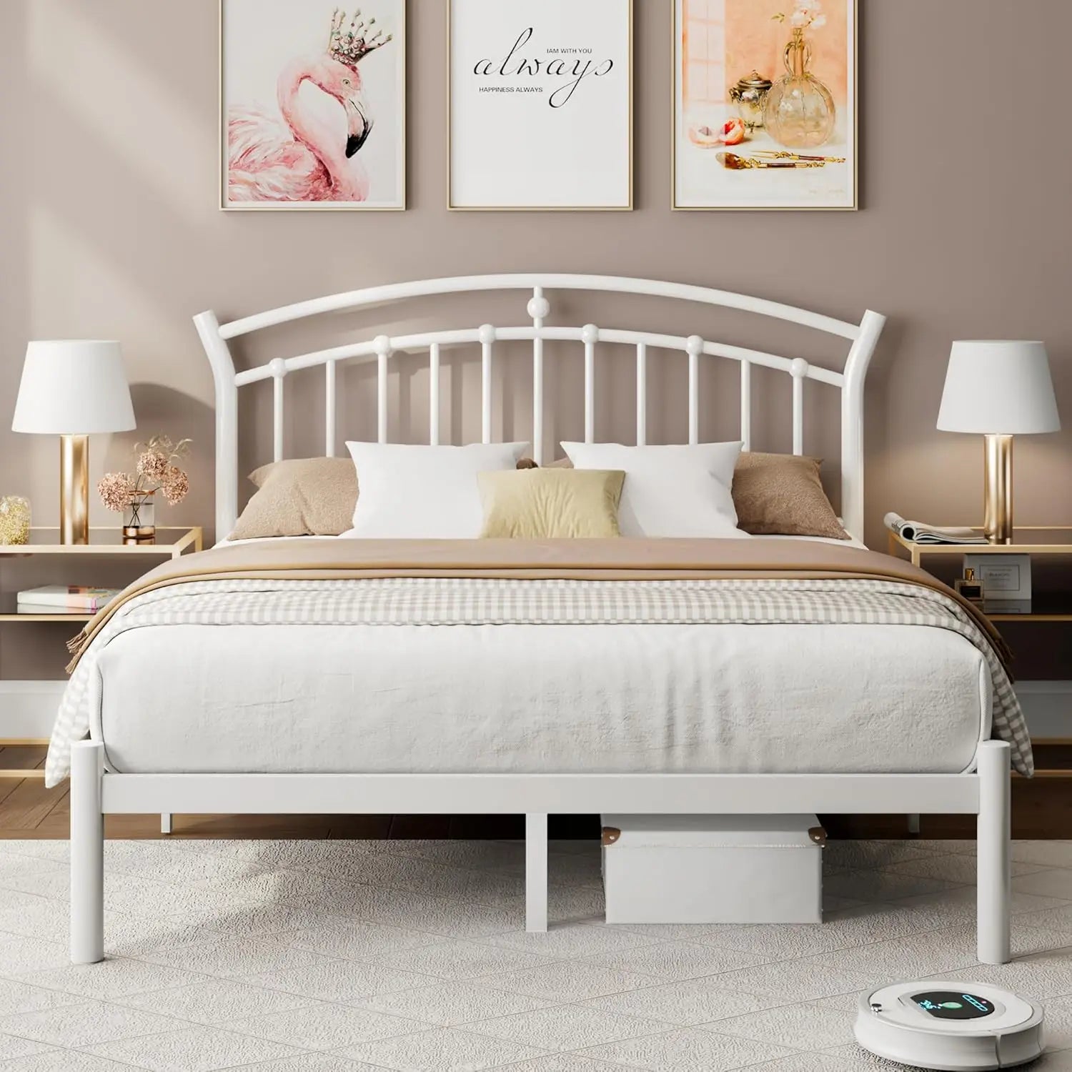 LEAH Modern Metal Platform Bed Frame with Elegant Iron-Art Headboard & Heavy-Duty Steel Slats