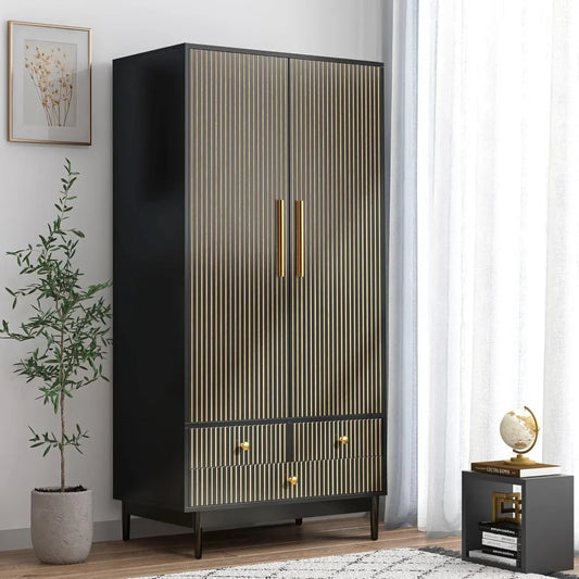 FIONA Modern Groove Panel Wardrobe Armoire – Wooden Clothing Organizer with Drawers, Shelves & Hanging Rod