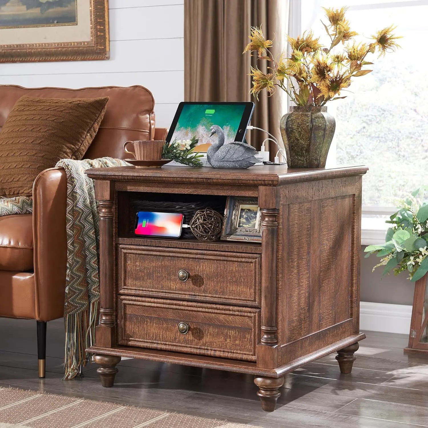 PAYTON Farmhouse End Table - Rustic Wood Nightstand with Charging Station