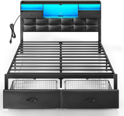 VICTORIA Modern Upholstered King Size Platform Bed with Storage & LED Headboard – 76"