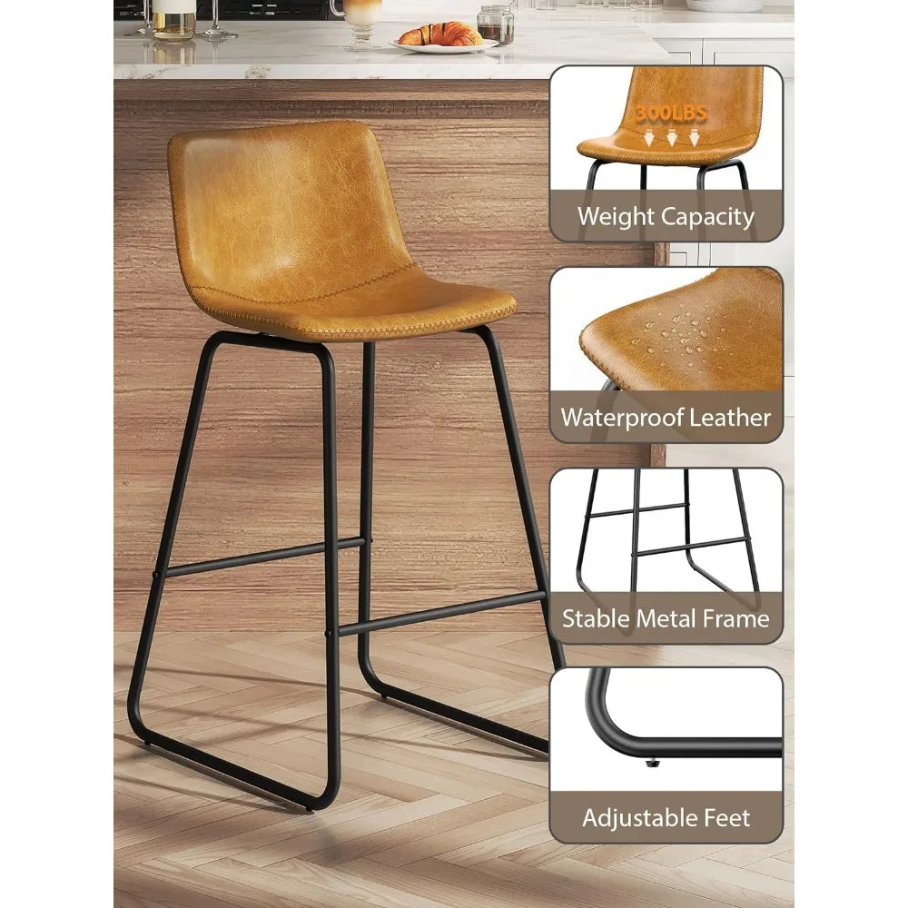 Bar Stools Set of 3, 26 Inches Counter Height Bar Stools with Back, Modern Faux Leather Barstools with Metal Legs and Footrest,