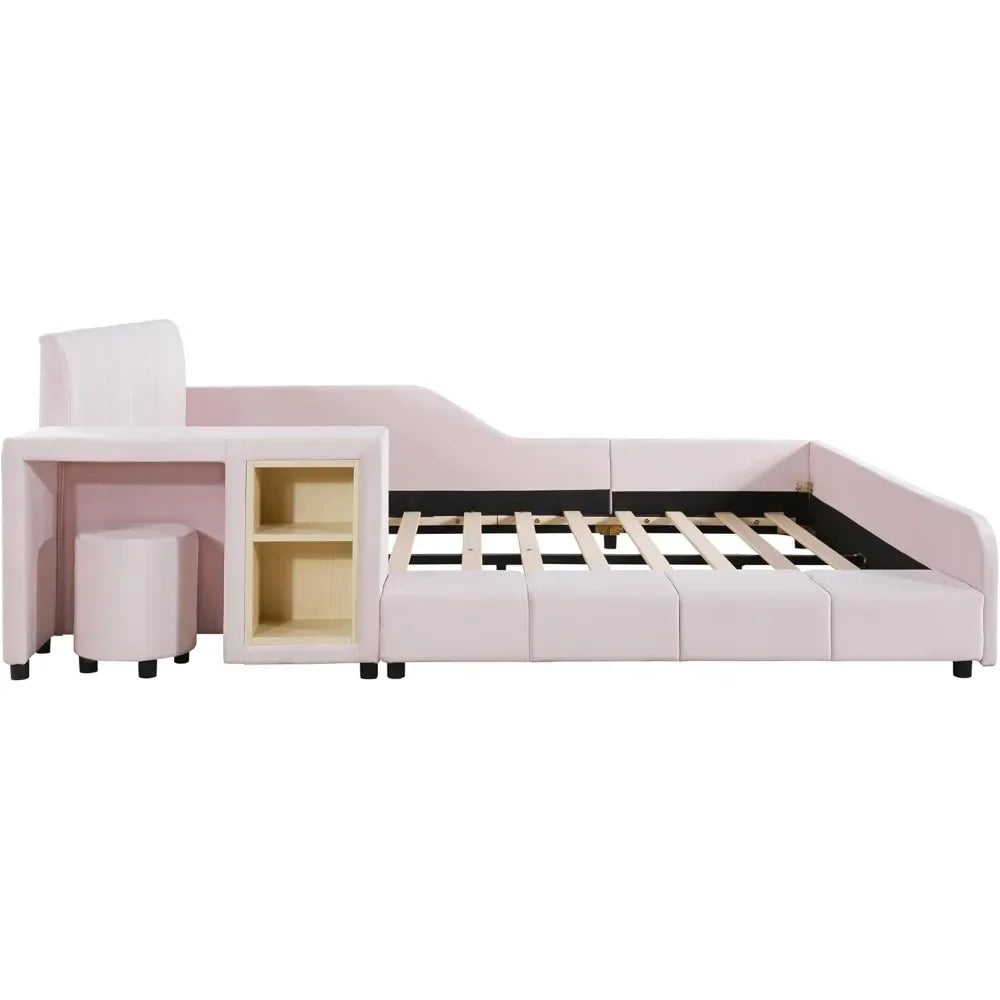 CORA Modern Velvet Upholstered Platform Bed with Desk – Full Size | 68" Wide