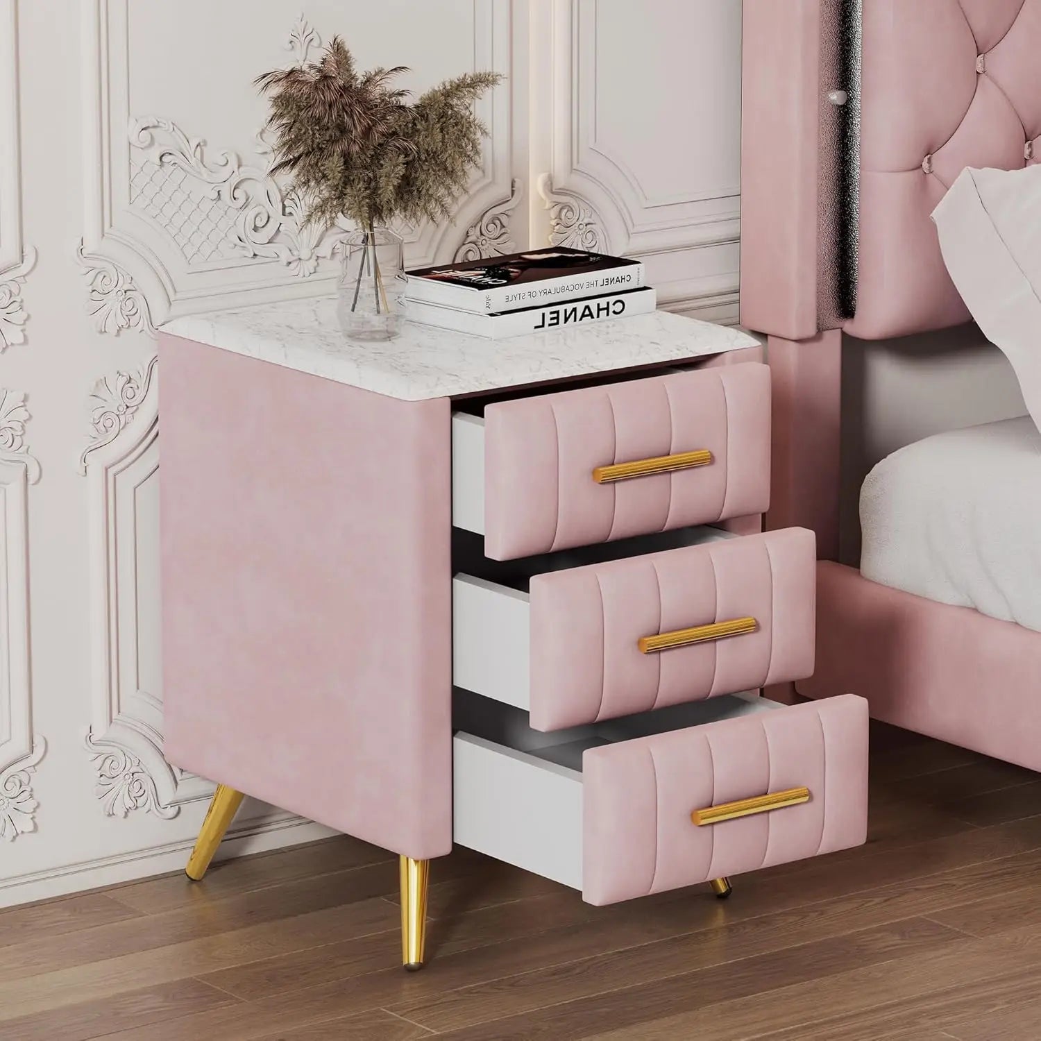 JOANNA Velvet Upholstered Nightstand with Faux Marble Top, 3-Drawer Modern Bedside Table - 16.3''