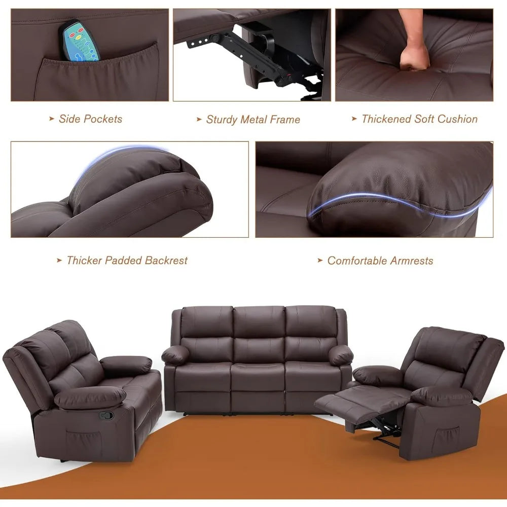 ADAM 3-Piece Recliner Sofa Set with Massage & Heat, Faux Leather-36.2" W
