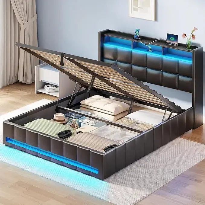 ESTHER Modern LED Storage Bed Frame with Charging Station - Queen Size 60''