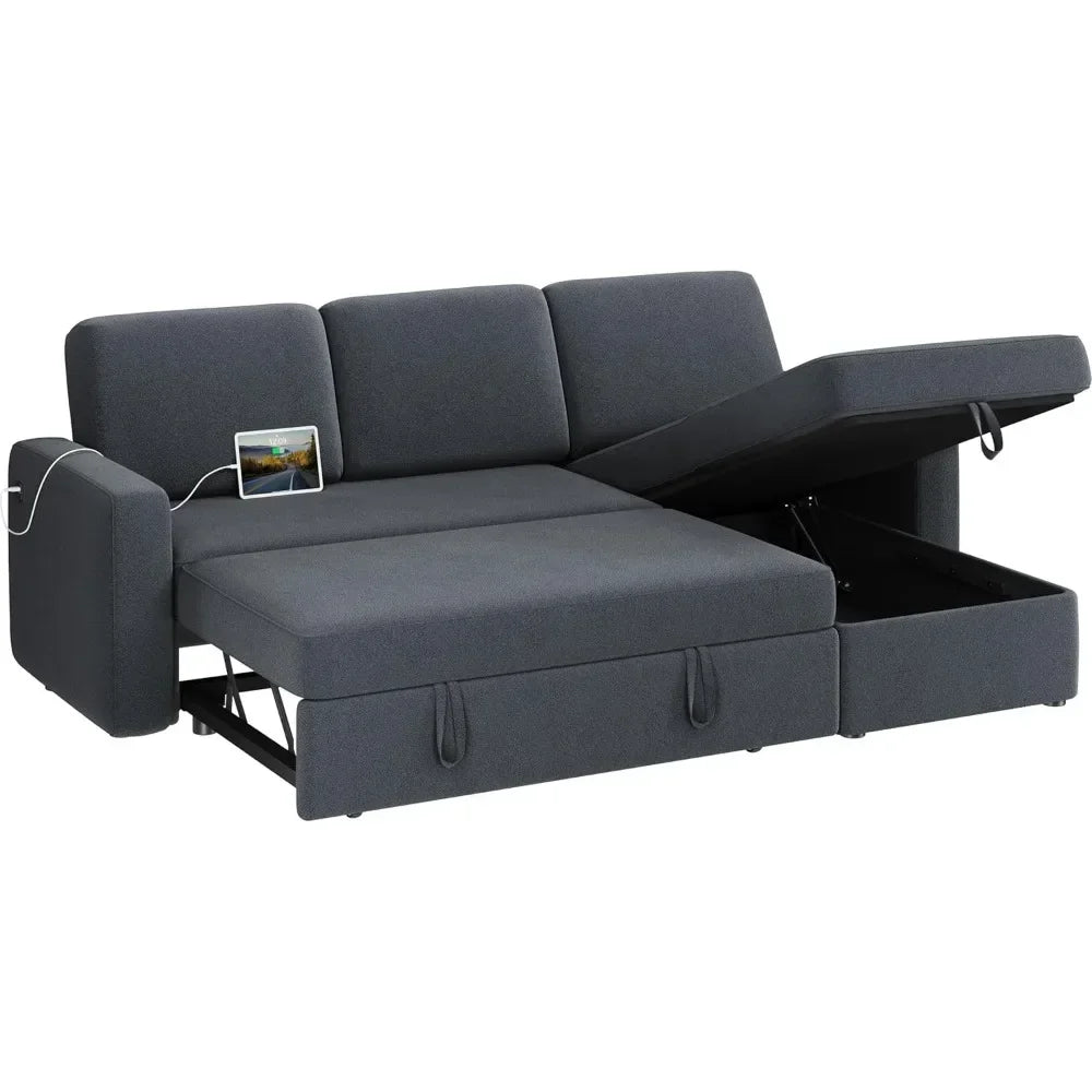 SEBASTIAN Modern Sectional Sofa with Chaise, USB, Pull-Out Bed & Storage - 80.5"