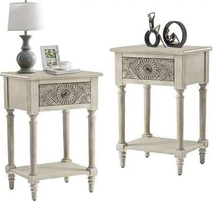 HOPE Vintage Floral Carved Wooden Nightstand Set – 18" Wide Bedside Table with 2 Drawers