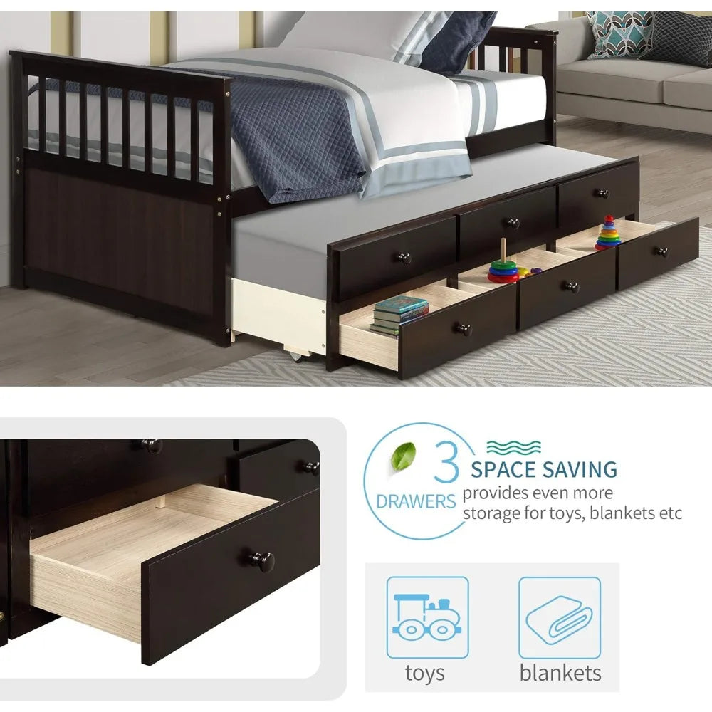 SAGE Espresso Twin Captain’s Bed with Trundle & Storage Drawers - 75.9''